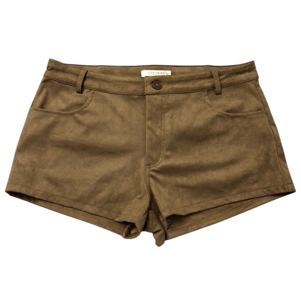 12th Tribe High-Waist Faux Suede Shorts in Olive Brown